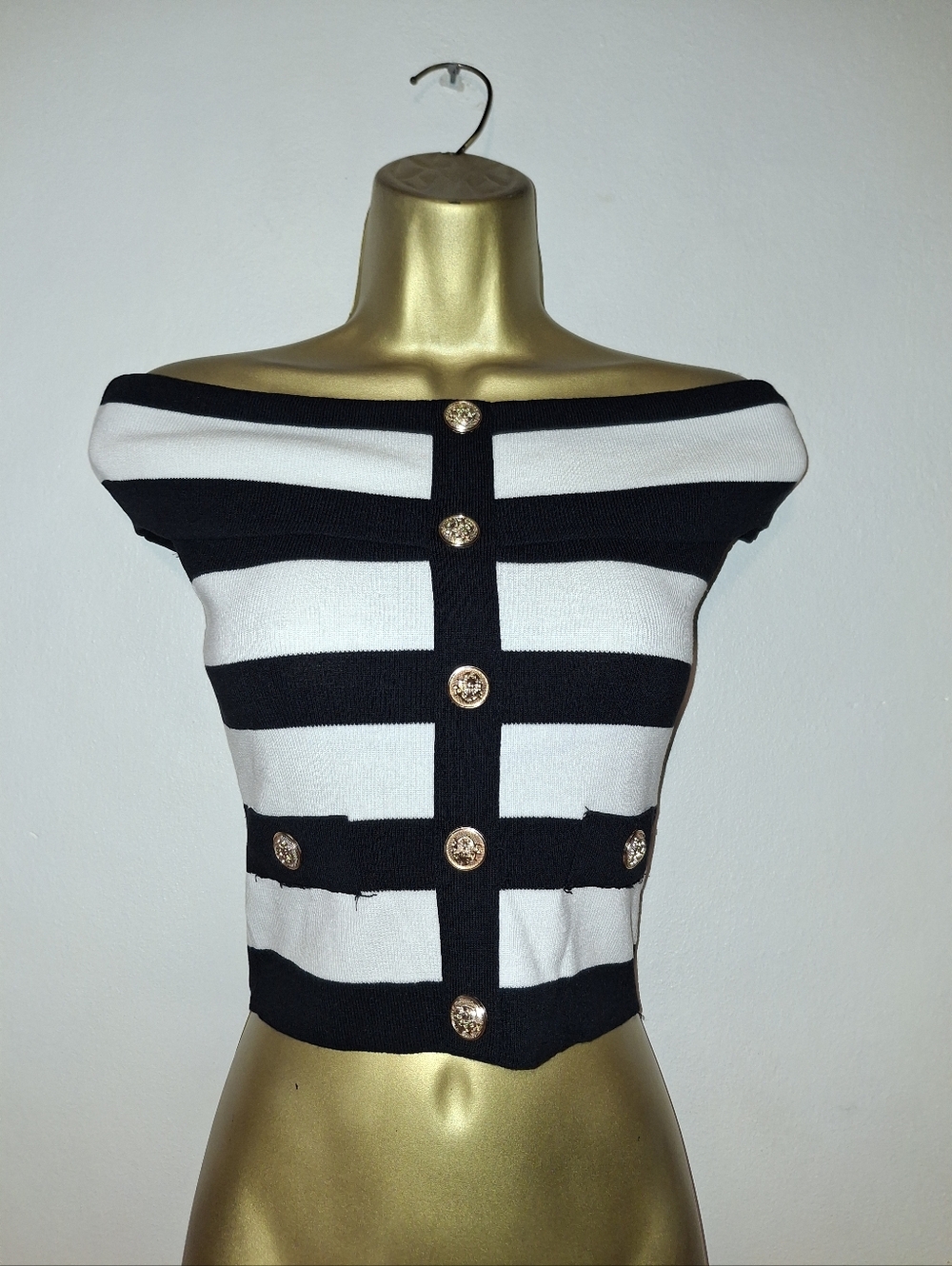 Striped Off-Shoulder Crop Top in Black and White